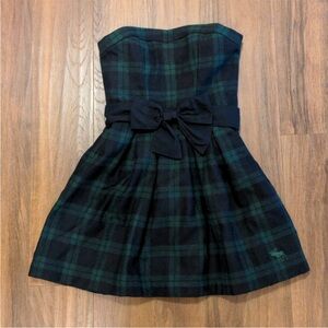 VTG Abercrombie & Fitch Green, Blue Tartan Plaid Mini Dress Navy Bow Strapless 6